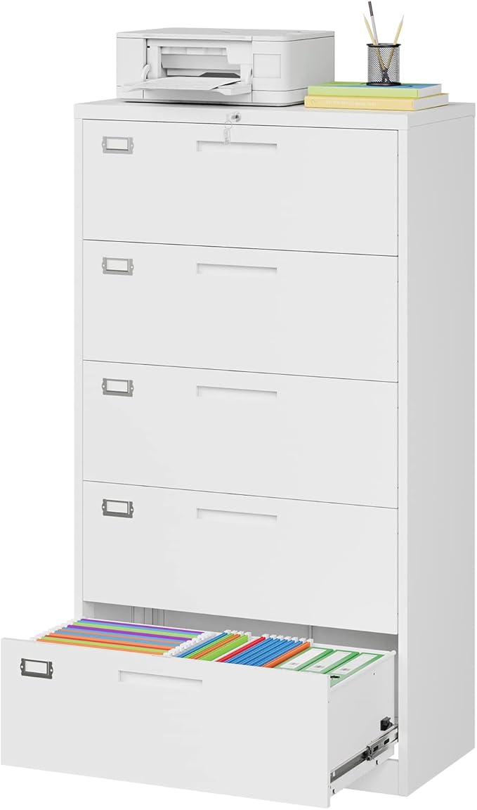 MIIIKO Lateral File Cabinet with Lock, 5 Drawer Metal File Cabinets 35.4" Wide, Home Office Locking Filing Cabinets for Legal Letter File Folders