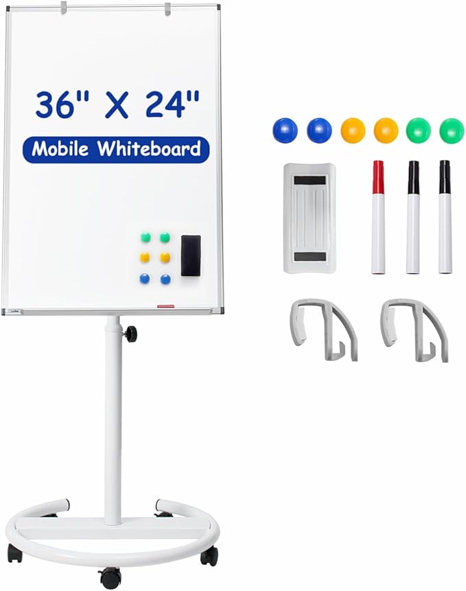 Mobile Whiteboard, 36x24 Inches Standing White Board on Wheels, Portable Magnetic Dry Erase Board with Stand, Height Adjustable Easel Style Rolling Whiteboard for Classroom, Office, Teacher, Home