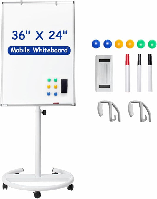 Mobile Whiteboard, 36x24 Inches Standing White Board on Wheels, Portable Magnetic Dry Erase Board with Stand, Height Adjustable Easel Style Rolling Whiteboard for Classroom, Office, Teacher, Home
