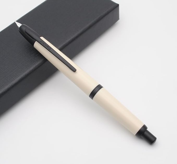JINHAO 20 Press Fountain Pen, Retractable Capless Resin Pen with Ink Converter (F Nib 0.5mm, Ivory White - Black Clip)