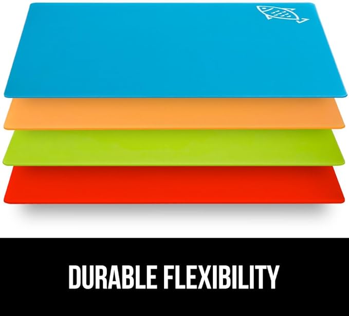 GORILLA GRIP 100% BPA-Free Flexible Cutting Board Set of 4, Durable Plastic Mats with Food Icons for Meal Prepping, Large Kitchen Chopping Mat, Use for Meat Fish Vegetables Fruit, 15x12, Multicolor