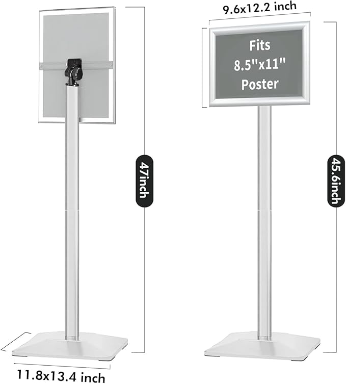 INNOVSIGN Heavy Duty Adjustable Pedestal Poster Sign Stand, 8.5x11 Aluminum Open Floor Standing Sign Holder for Vertical and Horizontal View Display (8.5x11,Silver)