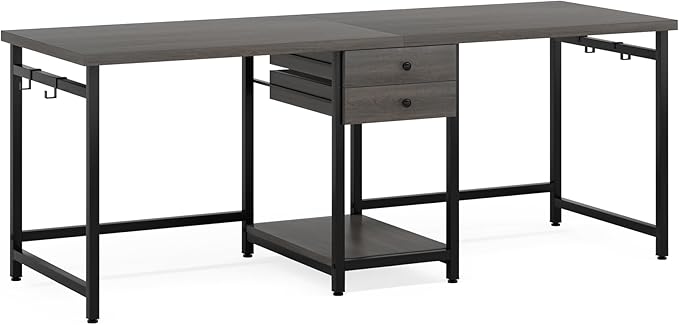Tribesigns 79 Inch Extra Long Desk, Two Person Desk with 2 Drawers, Double Computer Table with Storage Shelves, Writing Table for Home Office, Grey