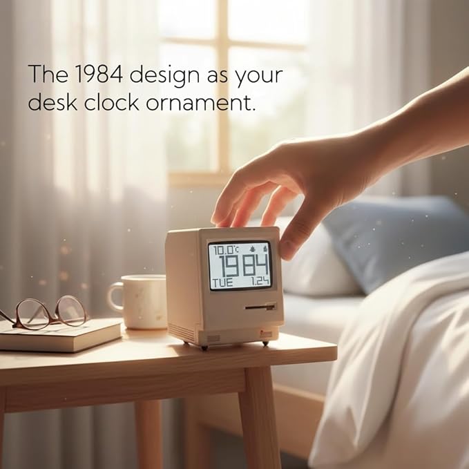 OIJ Maclock Retro Pixel Alarm Clock, 1984 Computer-Inspired USB Desk Clock with Pixel Display, Multiple Alarms, Adjustable Brightness, Calendar, Temperature