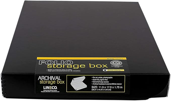 Lineco Folio Storage Box, Clamshell Design with Metal Edge. 11.5x17.5x1.75 Inches, Archival Boxboard, Preserve Photos, Cards, Magazines, Documents, Art, Ephemera, Family Records, Black, Pack of 2