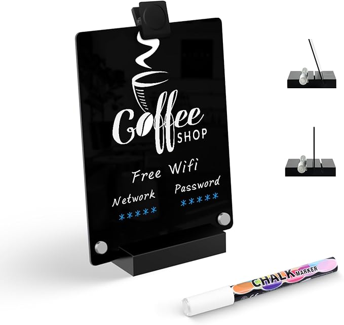 Kivsty Acrylic Black Dry Erase Board with Stand - 8” x 6” Small Desktop Whiteboard with Marker, Reusable Desk Blackboard, to-Do List, Planner, Memo Clipboard, Menu Board for Office, Home, Bar