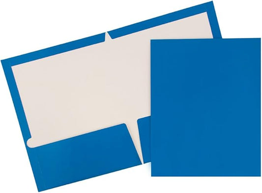 JAM PAPER Laminated Two Pocket Glossy School Folders - Letter Size - High Gloss Blue - Bulk 100/Box