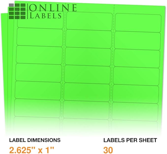 Neon Green Address Labels - 2.625 x 1 - Pack of 3,000 Labels, 100 Sheets - Inkjet/Laser Printer - Online Labels