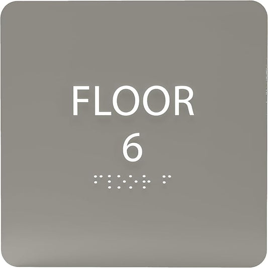 Clean Grey ADA Floor 6 Sign with Braille – Made from Durable Acrylic and Ready to Mount