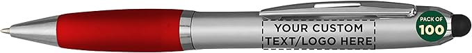 DISCOUNT PROMOS Custom Stylus Ballpoint Pens Set of 100, Personalized Bulk Pack - Black Ink, Great for Office, School, Business, Tradeshows, Events - Red