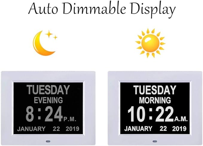 TMC 8 Inch Digital Dementia Clock for Seniors – Large Auto-Dimming Display with Date & Time, Multi-Language Calendar, 5 Alarms + Medicine Reminders – Wall or Desk Mount, Built-in Stand (White, SD)