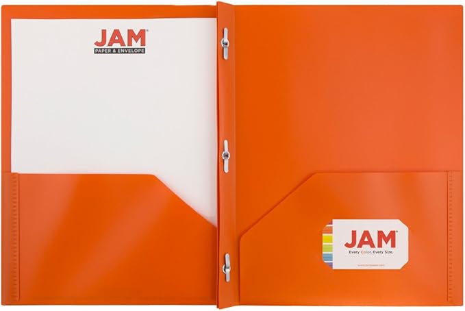 JAM PAPER Plastic Color POP Folders - 2 Pocket Durable Folders with Metal Prongs Fastener Clasps - Orange - Bulk 96/Pack