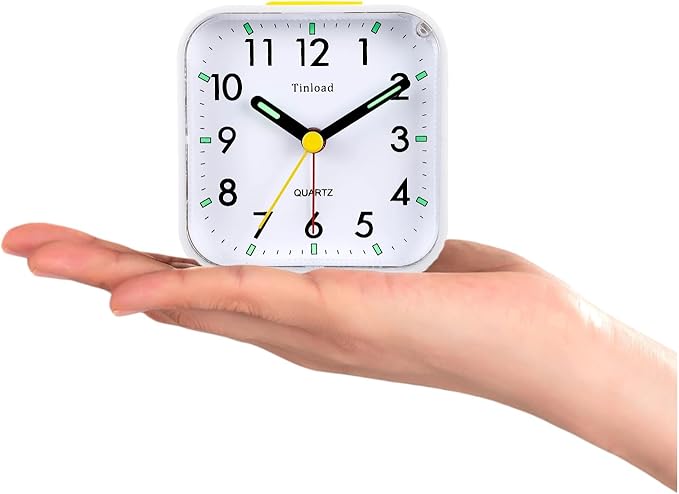 Tinload Small Battery Operated Analog Travel Alarm Clock Silent Non Ticking, Gentle Wake, Ascending Beep Sounds, Snooze,Lighted on Demand, Easy Set(White)
