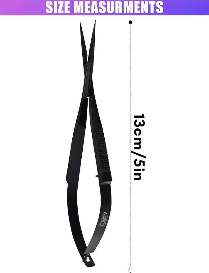 Cross Edge Spring Scissors 5 Inch straight Stainless Steel Precision Eyebrow & Eyelash Shaping & Trimming Scissor, Snips Squeeze, Embroidery, Knitting Micro Tip Craft Scissors (Black)