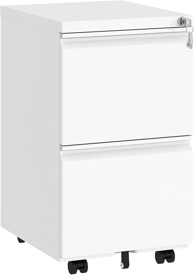TEEALUBAN 2 Drawer File Cabinet with Lock,Under Desk Rolling Small Filing Cabinet for Home Office Storage, Mobile Steel Cabinets with Wheels, Fully Assembled, White