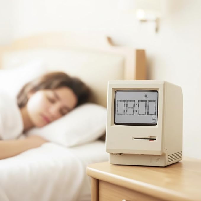 OIJ Maclock Retro Pixel Alarm Clock, 1984 Computer-Inspired USB Desk Clock with Pixel Display, Multiple Alarms, Adjustable Brightness, Calendar, Temperature
