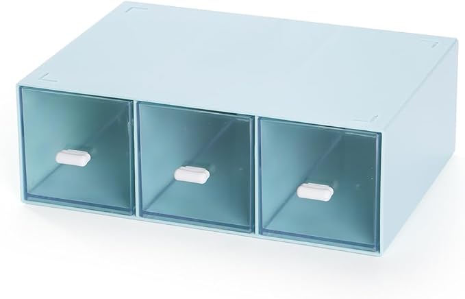 OSteed Desktop Drawers, Desk Organizer with 3 Drawers, Stackable Plastic Storage Box for Home Collection, Cosmetics, Jewelry, Office Supplies (1 Tall Layer, Blue)