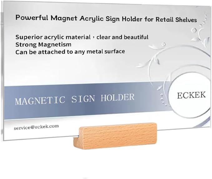 ECKEK Magnetic Sign Holder Grip Holder, Powerful Magnet, Acrylic Sign Holder for Retail Shelves Display Store Vendor Event Warehouse and Shop Supplies (Wood Base 297*148mm/11.69*5.83inches)
