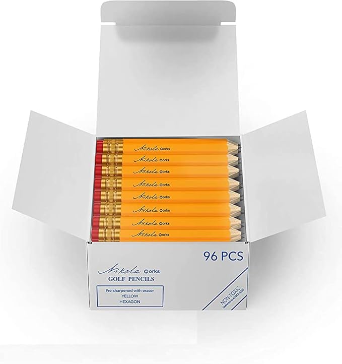 Nikola Works Mini Golf Pencils With Erasers - 96 Count - Classic Pre-Sharpened #2 HB American Pew Pencils Standard Hex Shaped Bulk Pack