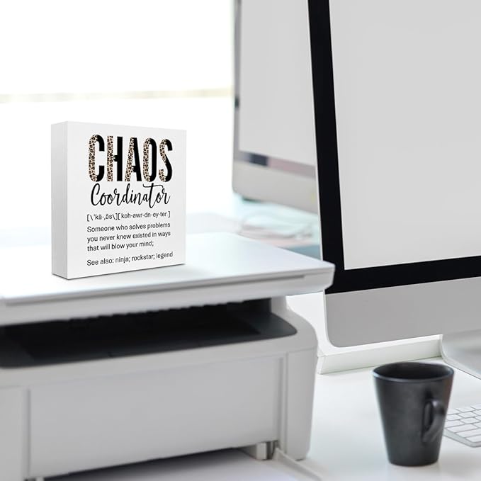 Funny Chaos Coordinator Gifts Office Decor, Leopard Chaos Coordinator Wooden Box Sign, Thank You Gifts, Home Farmhouse Table Shelf Desk Decor Accessories, Appreciation Gifts for Coworkers Colleague