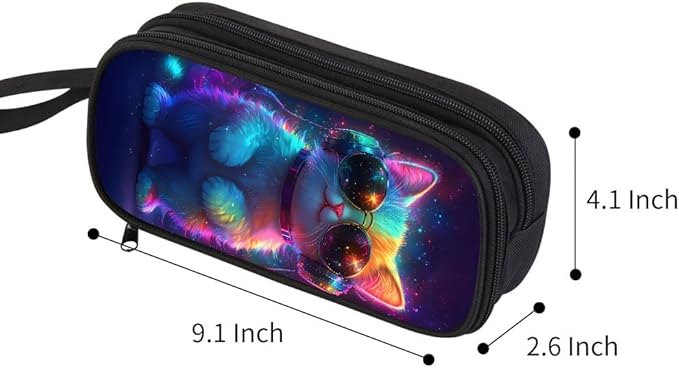 HiMagics Children's Boys Pencil Case, Large Zippered Pencil Bag with Two Compartments Girls Pen Pouch for School Cool Cat Pencil Bag, Black