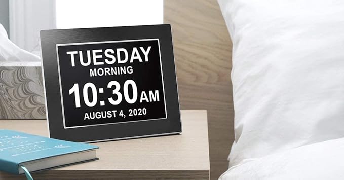 American Lifetime Large Digital Wall Clock for Seniors, Black Polished, 8-Inch High Resolution Display, Easy to Read, Customizable Alarms, Auto-Dimming, Multi-Language Support, Battery Backup