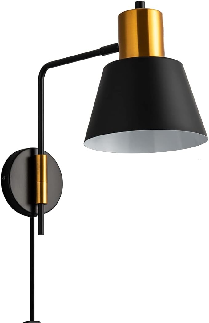 Ahaloye Modern Swing Arm Wall Sconce Plug in Set of 2, Rotatable Black Wall Lights with On/Off Cord for Bedroom, Living Room