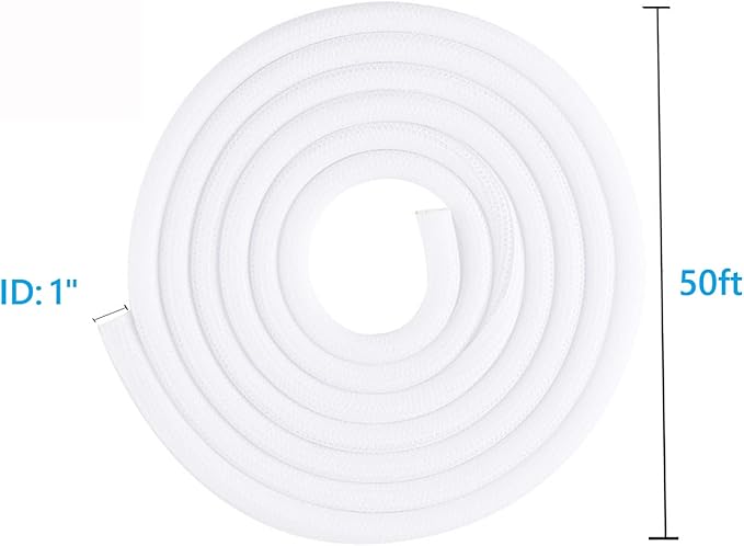 QCSIW 50ft 1 Inch White Cable Sleeve – Split Wire Loom Tubing Cord Protector – Flame Retardant Polyester Cable Management Wrap for Desk, TV, PC – Pet Chew Resistant & Easy to Cut