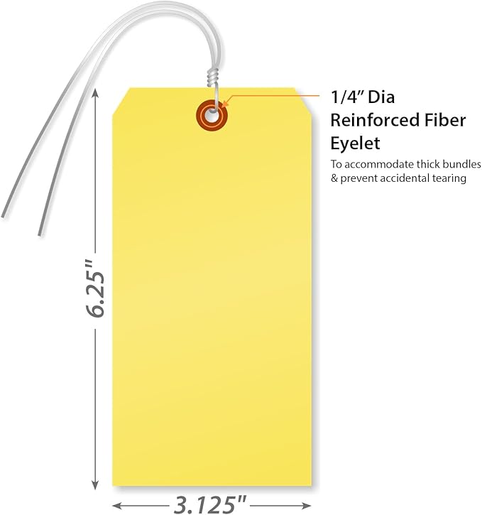 SmartSign (Pack of 1000) Yellow Plastic Tags with Wires, 6.25 x 3.125 inch, Metal Eyelet, 10 mil Tear-Proof Polylith Plastic, Writable