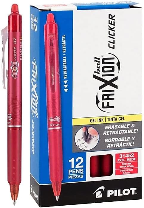 Pilot FriXion Clicker Erasable Gel Pens, Fine Point (0.7mm), Red Ink, 12-Pack - Refillable, Smooth Writing Pens for School, Journaling, and Office Use