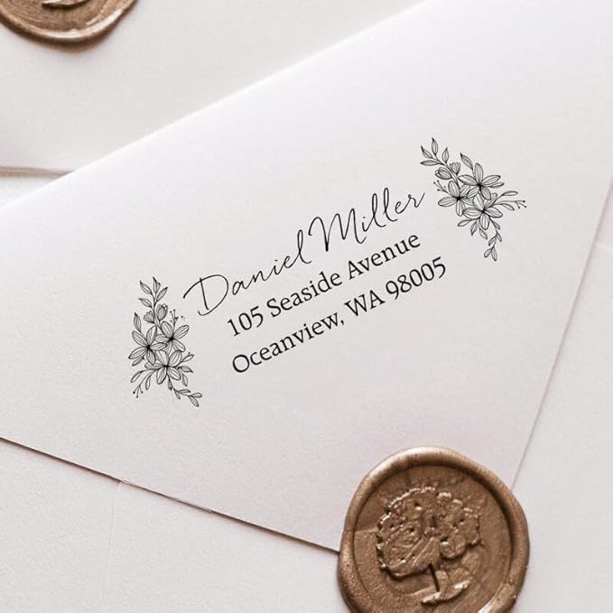 Custom Floral Address Stamp | Choose from 12 Designs | Multiple Ink Color Options | Envelope Return Address Stamp for Couple or Family (Design 9, Large)