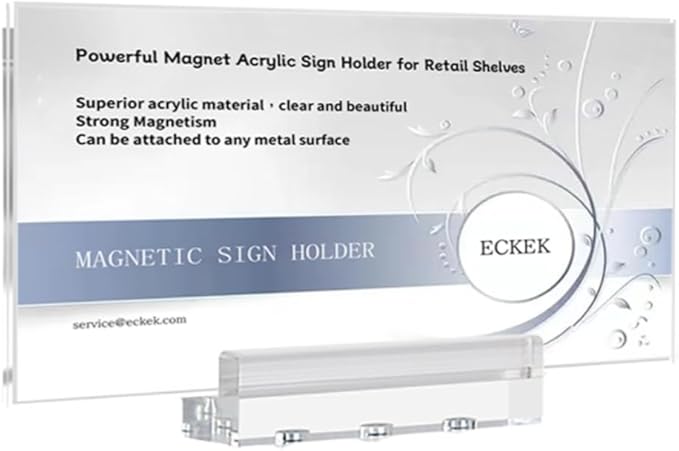 ECKEK Magnetic Sign Holder Grip Holder, Powerful Magnet, Acrylic Sign Holder for Retail Shelves Display Store Vendor Event Warehouse and Shop Supplies (Acrylic Base 210*100mm/ 8.27*3.94inches)