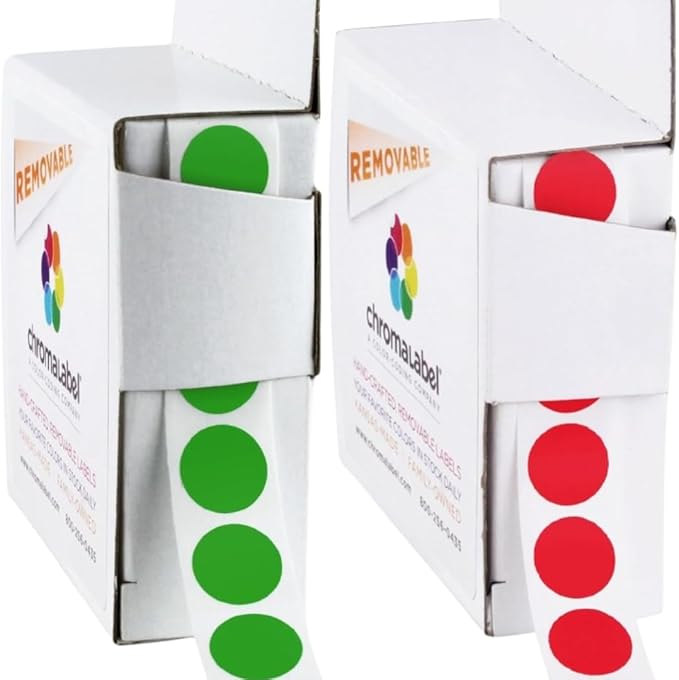 ChromaLabel 1/2 Inch Round Removable Colored Stickers, Color Coding Labels, Ideal Colored Dot Sticker for Arts and Crafts - 1000 Sticker Labels per Dispenser Box, Red and Green Dot Stickers
