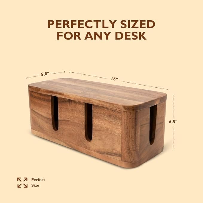 Cable Management Box & Cord Organizer- Cable Organizer for Desk, Home, Office. Hides Wires, Surge Protectors, Power Strips. Eco Friendly Mango Wood Cord Management Solution (Natural Acacia)