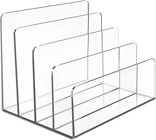 Halyuhn Acrylic File Organizer, 4Sections Clear Desk Organizer for Home Office, Desktop File Folder, Acrylic Mail Organizer Countertop for Notebook, Document and Paper, Clear File Holder,1Pcs