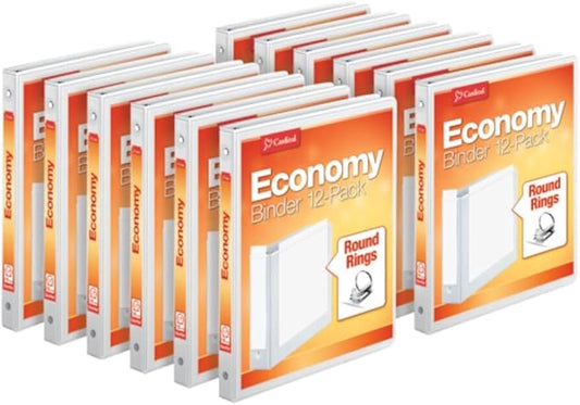Cardinal Economy 3 Ring Binders, Binders for School and Office, Durable 1/2 inch Round Rings, Holds 125 Sheets, ClearVue Presentation View, Non-Stick, White, Carton of 12 (90601)