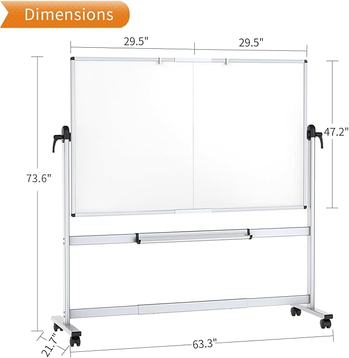 VIZ-PRO Double-Sided Mobile Whiteboard, 60 x 48 Inches, Magnetic Rolling Dry Erase White Board on Wheels with Aluminium Frame and Stand 5' x 4'