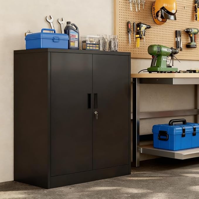 TaskStorz Metal Garage Storage Cabinets，Metal File Cabinet with 2 Adjustable Shelves, Lockable Storage Cabinets for Office, Home, Garage, Warehouse 36" H x 31.5" W x 15.7" D (Black)