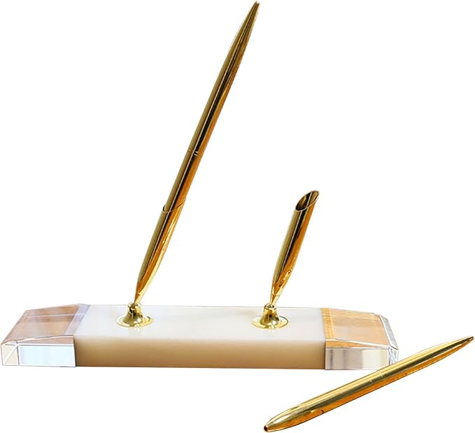 Stone-Style Pen Stand with Zinc Alloy Ballpoint Pen, Blue Refill – Office Pen Stand for Home & Office, The best choice for gift giving (Glass white)