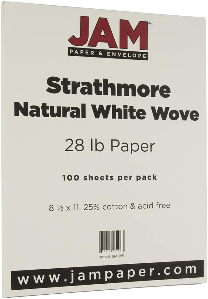 JAM PAPER Strathmore 28lb Paper - 105 gsm - 8.5 x 11 - Natural White Wove - 500 Sheets/Pack