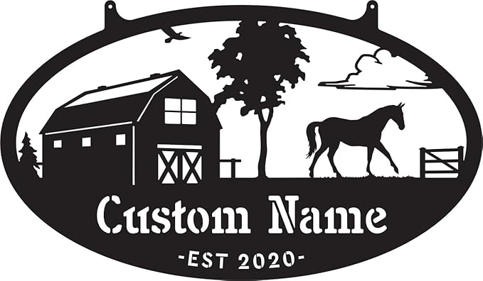 RealSteel Personalized Metal Farmhouse Sign - Custom Farm Scene Wall Art with Barn, Horse, Trees, and Fence - Custom Last Name & Established Date - Durable Outdoor Garden and Patio Decor