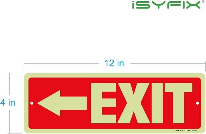iSYFIX Exit Signs with Directional Left Arrow, Glow in the Dark, Photoluminescent Aluminum 12x4 Inch - 2 Pack, Laminated for UV & Weather Resistance, Ideal for Offices, Schools, Theaters & More