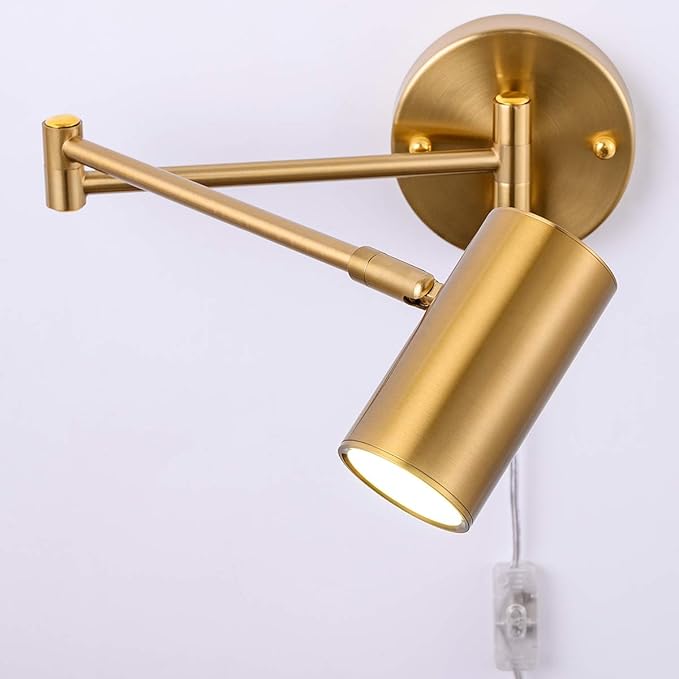 Ahaloye Gold Plug in Wall Sconces Set of 2, Modern Swing Arms Wall Lamp with Plug-in Cord Adjustable Wall Light for Bedroom Living Room (Light Source Included)