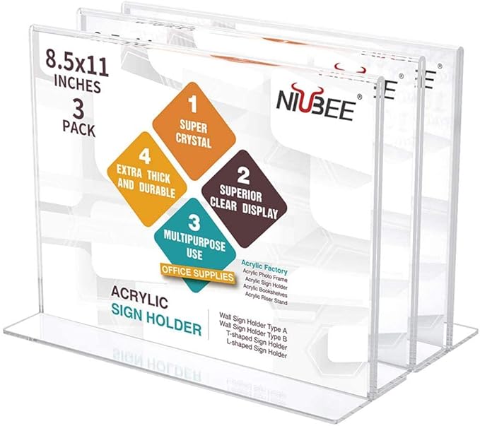 NIUBEE Acrylic Sign Holder 8.5x11 Inches 3 Pack Horizontal, T Shape Double Sided Clear Frames, Plastic Paper Flyer Display Holder, Document Menu Table Stand for Office, Store -Landscape
