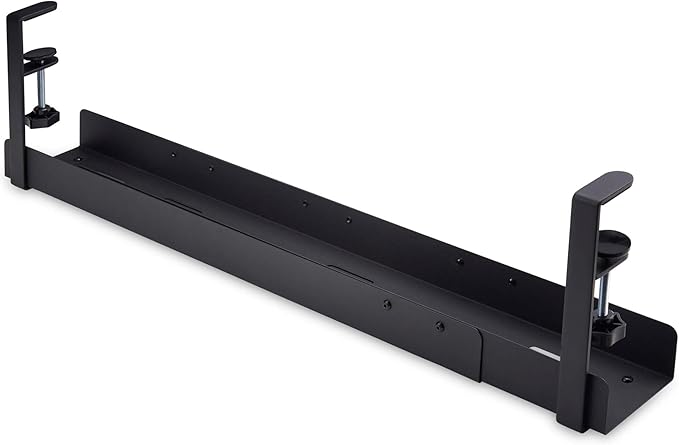 StarTech.com Under Desk Cable Management Tray, Length Adjustable, Clamp-On Installation, No Drilling Required, Black