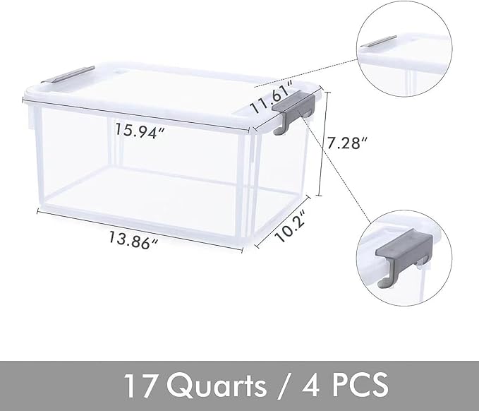 Citylife 17 QT Plastic Storage Bins with Latching Lids Stackable Storage Containers for Organizing Large Clear Storage Box for Garage, Closet, Kitchen, 4 Packs