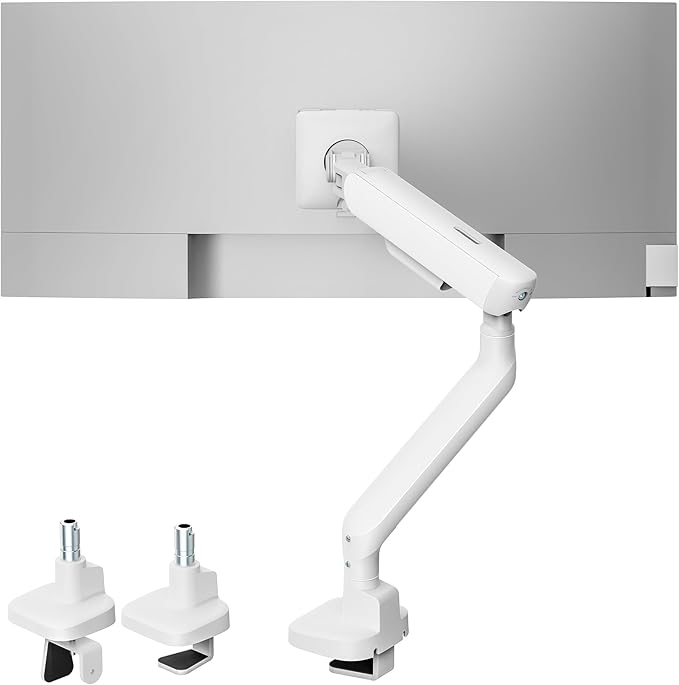 monTEK Single Monitor Arm, Mechanical Spring Monitor Arm for 17-40" Ultrawide Screens, Adjustable Monitors Desk Mount Holds up to 24.2 lbs with C Clamp/Grommet Desk Mount, VESA 75/100mm, MA1011WH
