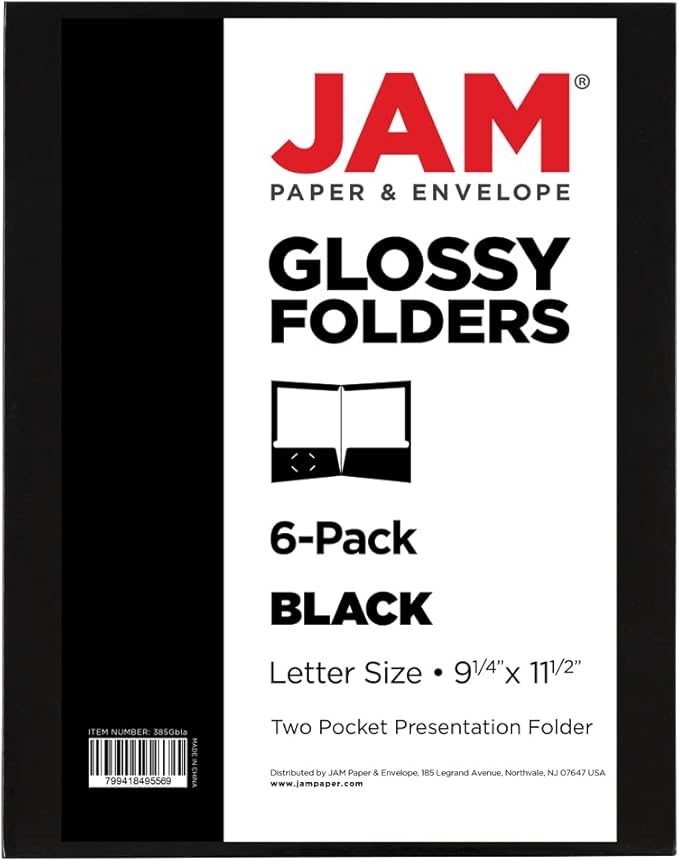 JAM PAPER Laminated Two Pocket Glossy School Folders - Letter Size - High Gloss Black - Bulk 25/Pack