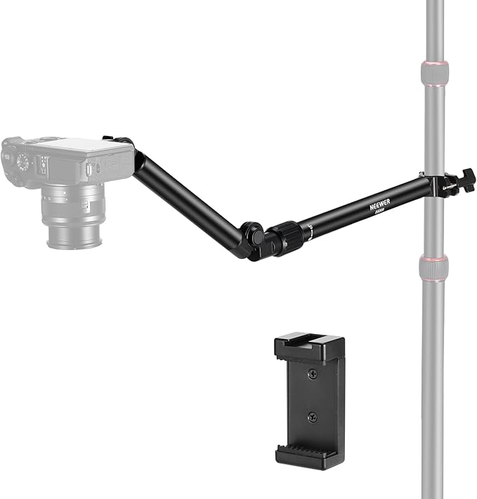 NEEWER Overhead Camera Mount Arm with Phone Clip, 22"/56cm 180°&360° 2 Section Flexible Holding Arm for Desk Stand, Fits 0.87"-1.1" Tube, 5.5lb/2.5kg Max Load for Camera LED Ring Light Mic, DS009