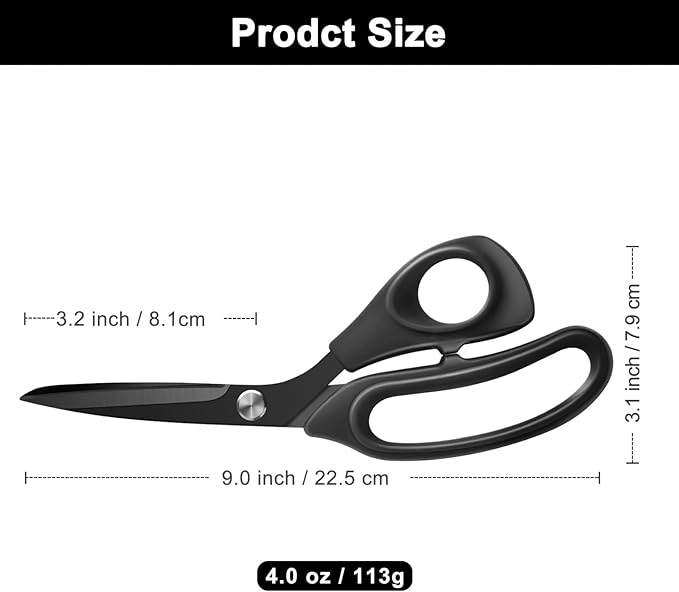Zicolu 9 inch Black Office Scissors All Purpose, Sewing Scissors for Fabric Cutting, Sharp Titanium Coated Blade, Comfort Grip Soft Handles for Diy Craft, Paper, Art, School, Home
